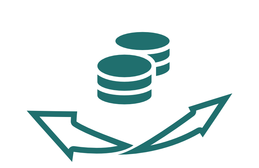 Zwei geschwungene Pfeile, die in unterschiedliche Richtungen zeigen. Darüber einen Stapel Münzen.